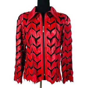 Natto Red Leather Leaf Jacket Blazer Sheer Mesh Classy Zip Front Soft Si…